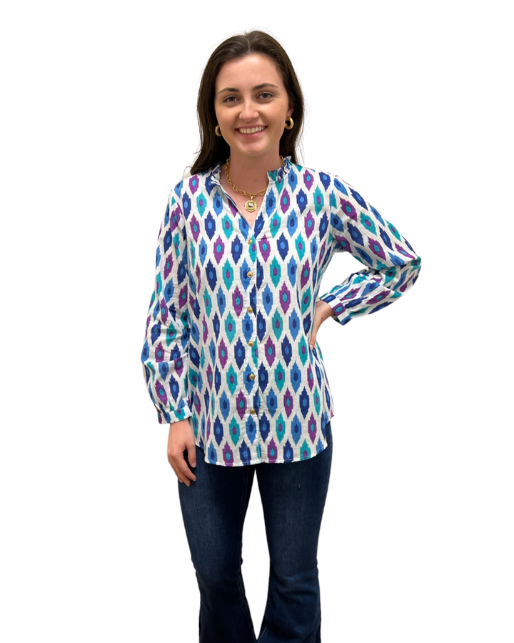 The Serena Cotton Button Front Top in Jewel Tone Ikat