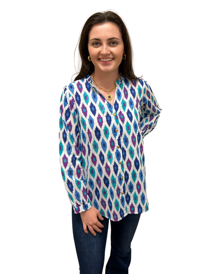 The Serena Cotton Button Front Top in Jewel Tone Ikat — view 4