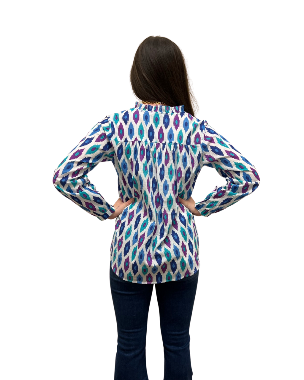 The Serena Cotton Button Front Top in Jewel Tone Ikat — view 3