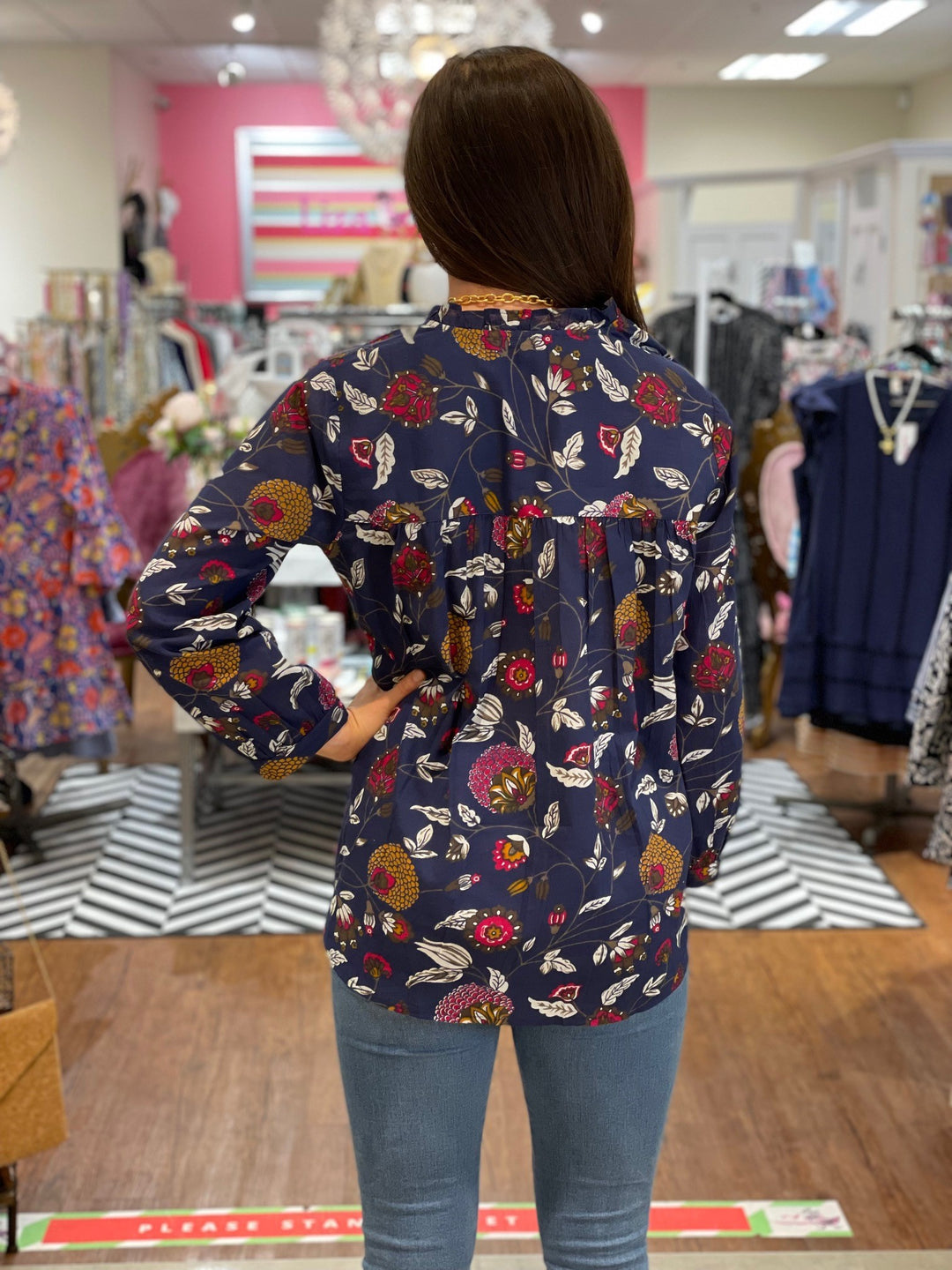 The Serena Block Print Shirt in Navy Floral — view 3