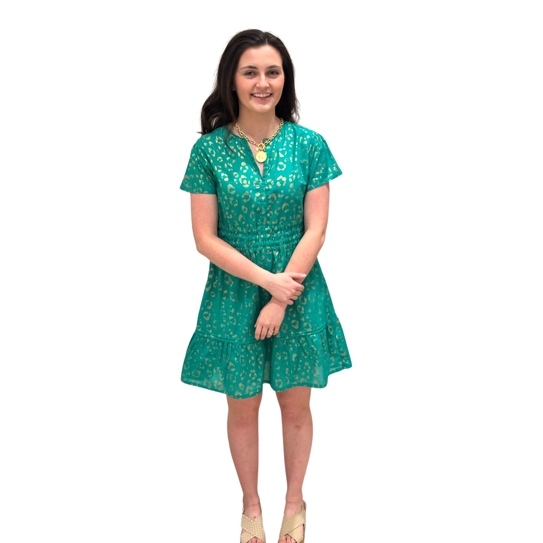 The Sydney Cinched Waist Dress in Jade and Gold — view 3