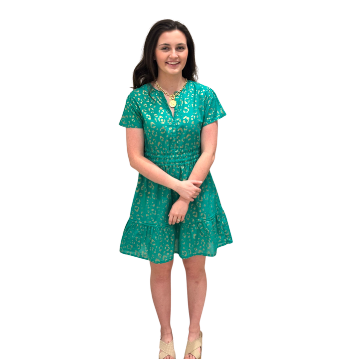 The Sydney Cinched Waist Dress in Jade and Gold — view 3