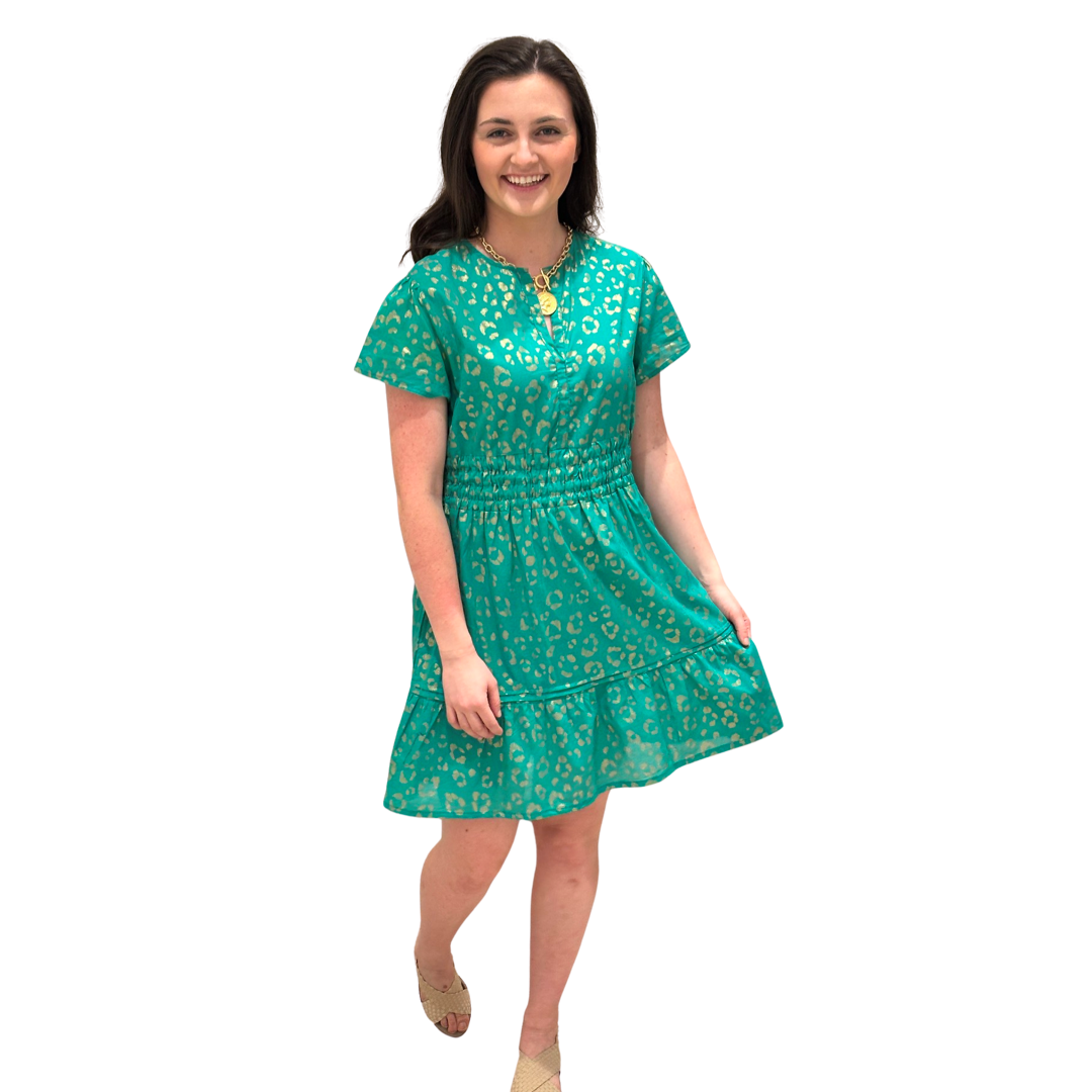 The Sydney Cinched Waist Dress in Jade and Gold