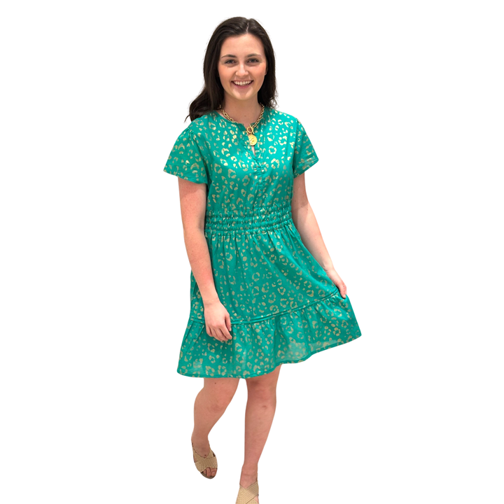 The Sydney Cinched Waist Dress in Jade and Gold