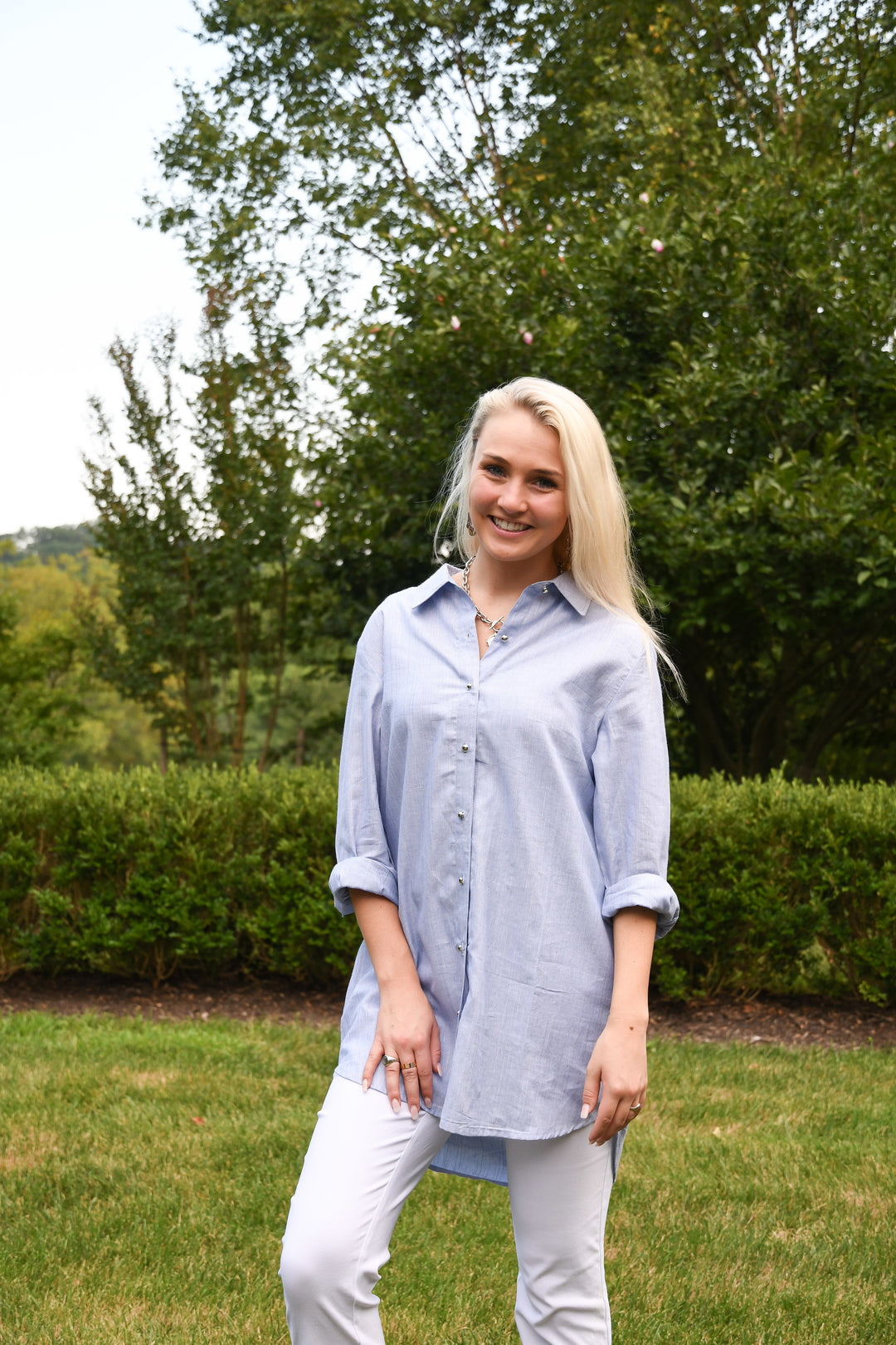 The Stacia Button Front Tunic In Blue with Silver Lurex Thread — view 3