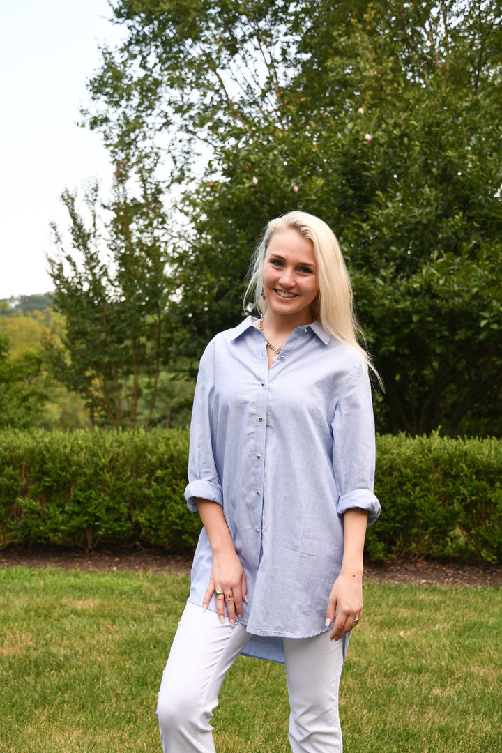 The Stacia Button Front Tunic In Blue with Silver Lurex Thread — view 3