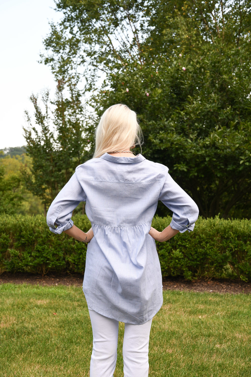 The Stacia Button Front Tunic In Blue with Silver Lurex Thread — view 2