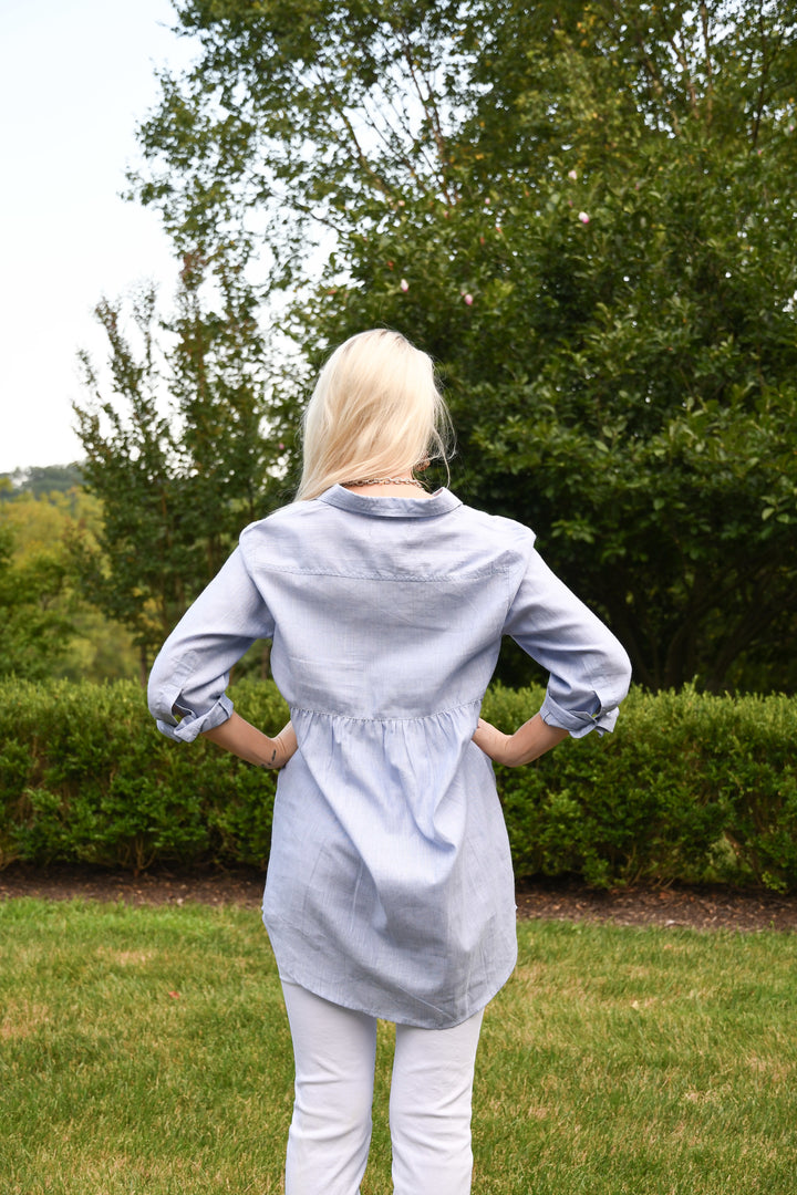 The Stacia Button Front Tunic In Blue with Silver Lurex Thread — view 2