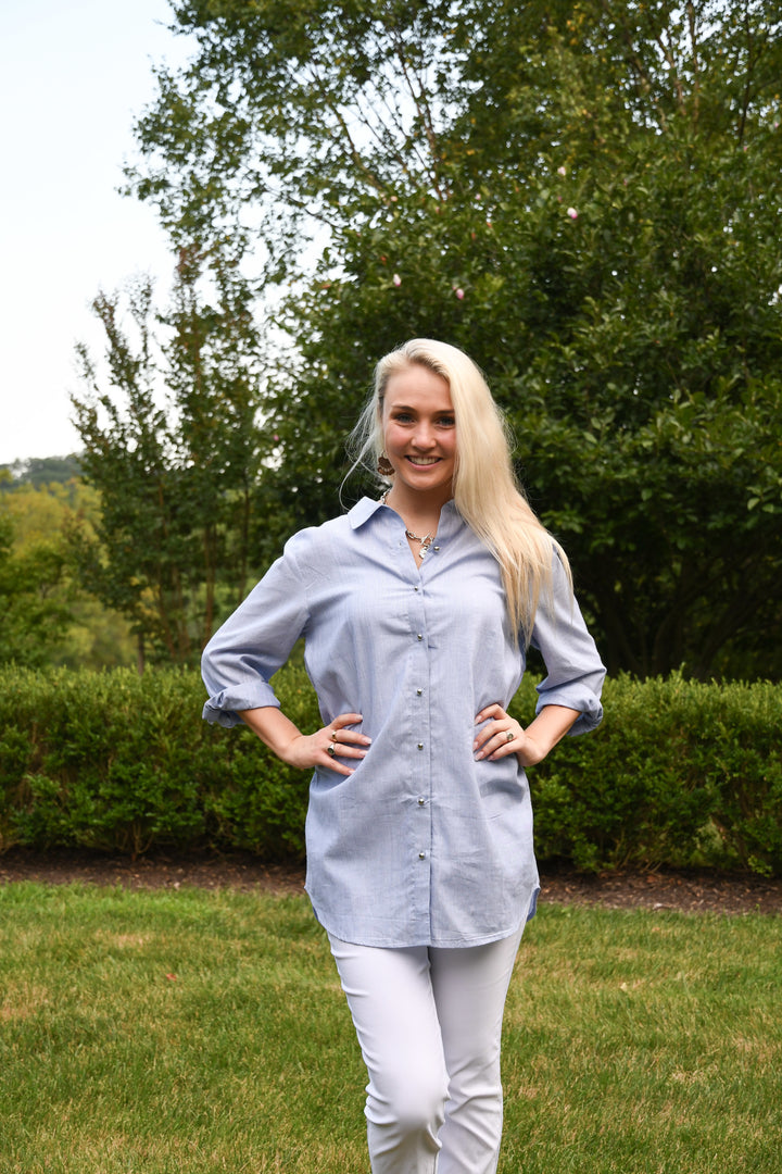 The Stacia Button Front Tunic In Blue with Silver Lurex Thread