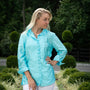 The Delray Ruffle Neck Button Front Silk Blouse in Turquoise