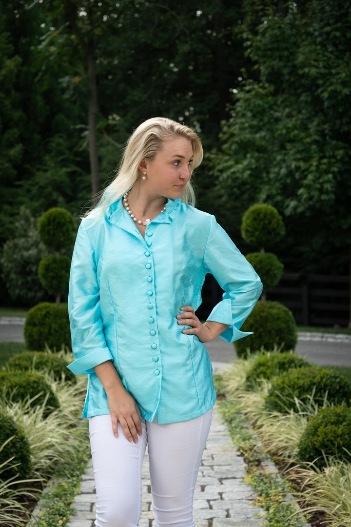 The Delray Ruffle Neck Button Front Silk Blouse in Turquoise