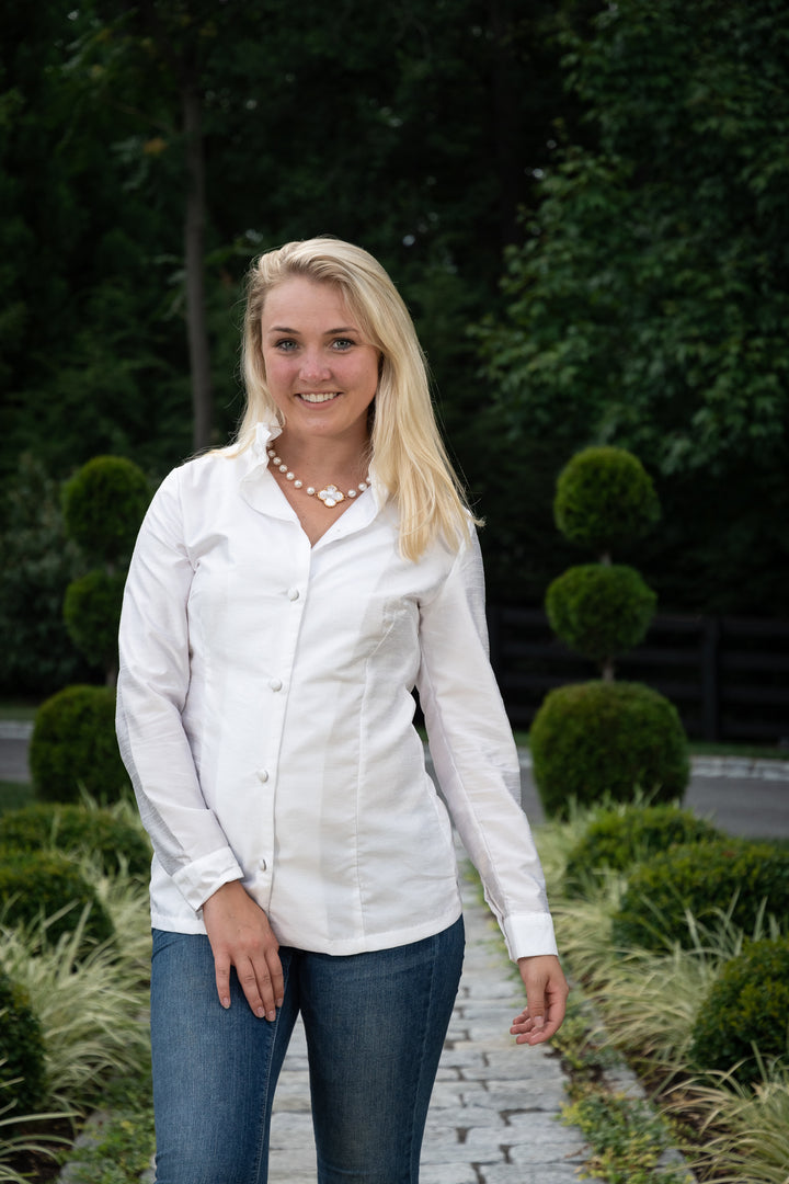 The Diana Standup Collar Silk Blouse in White — view 6