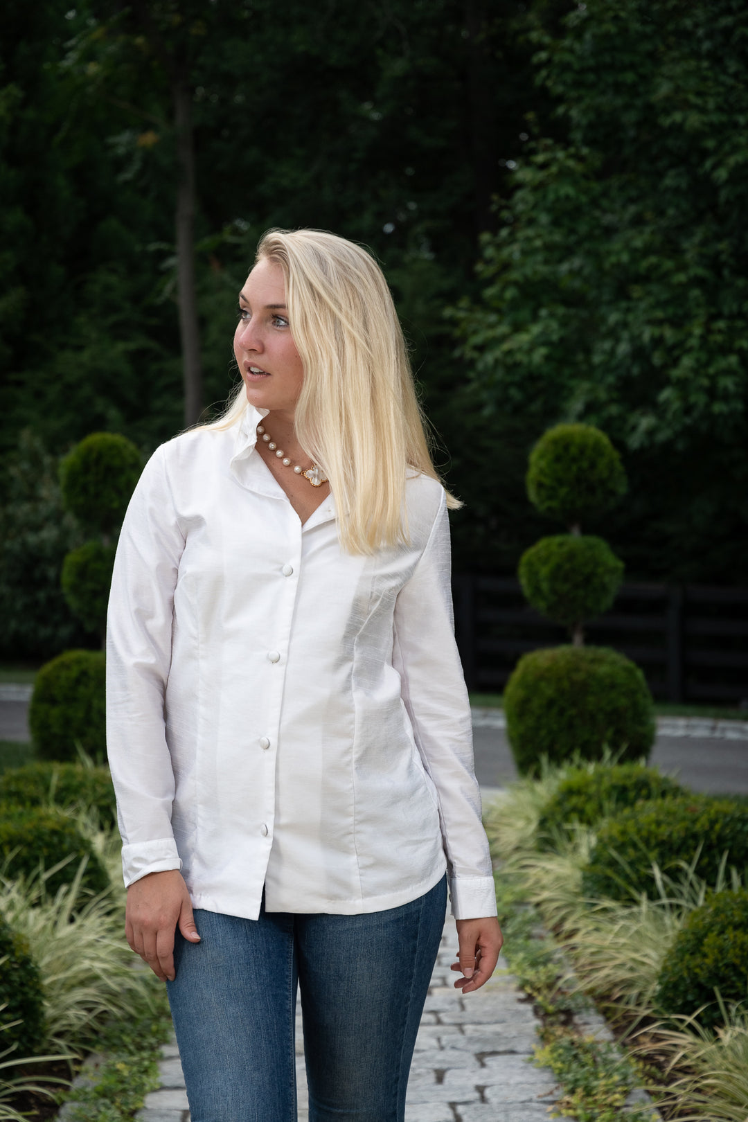 The Diana Standup Collar Silk Blouse in White — view 7