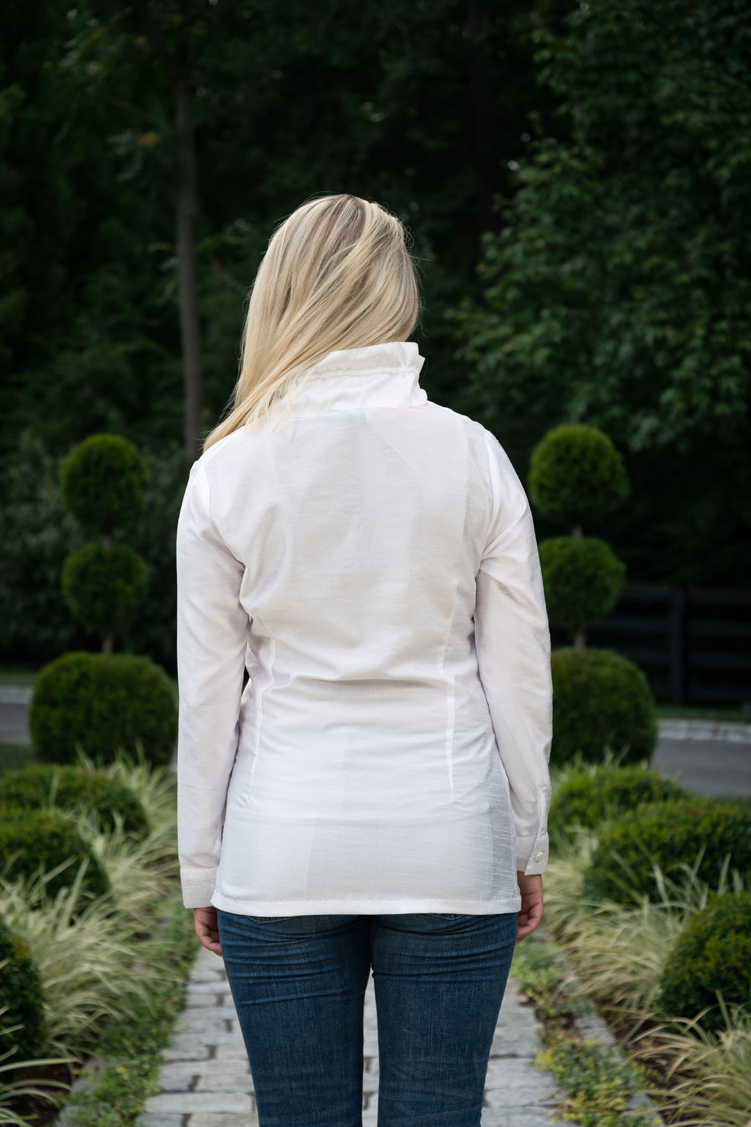 The Diana Standup Collar Silk Blouse in White — view 5