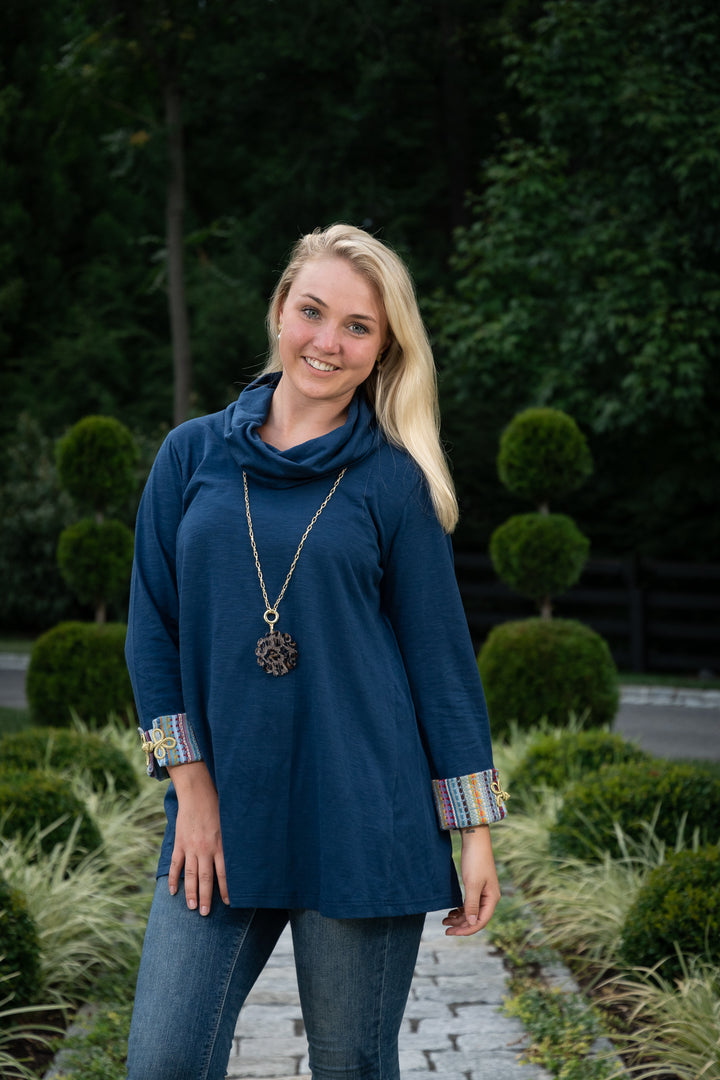 The Elsie Cotton Knit Cowl Neck With Braided Frog Detail — view 3