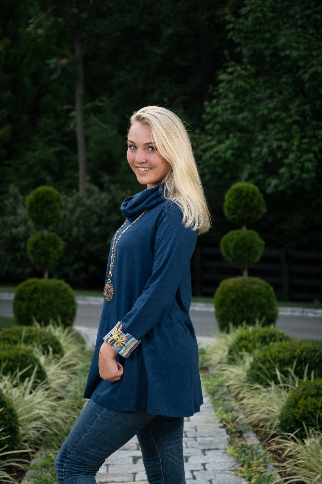 The Elsie Cotton Knit Cowl Neck With Braided Frog Detail