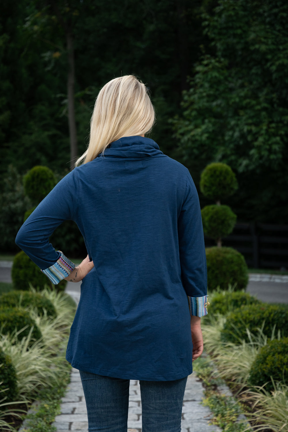 The Elsie Cotton Knit Cowl Neck With Braided Frog Detail — view 2
