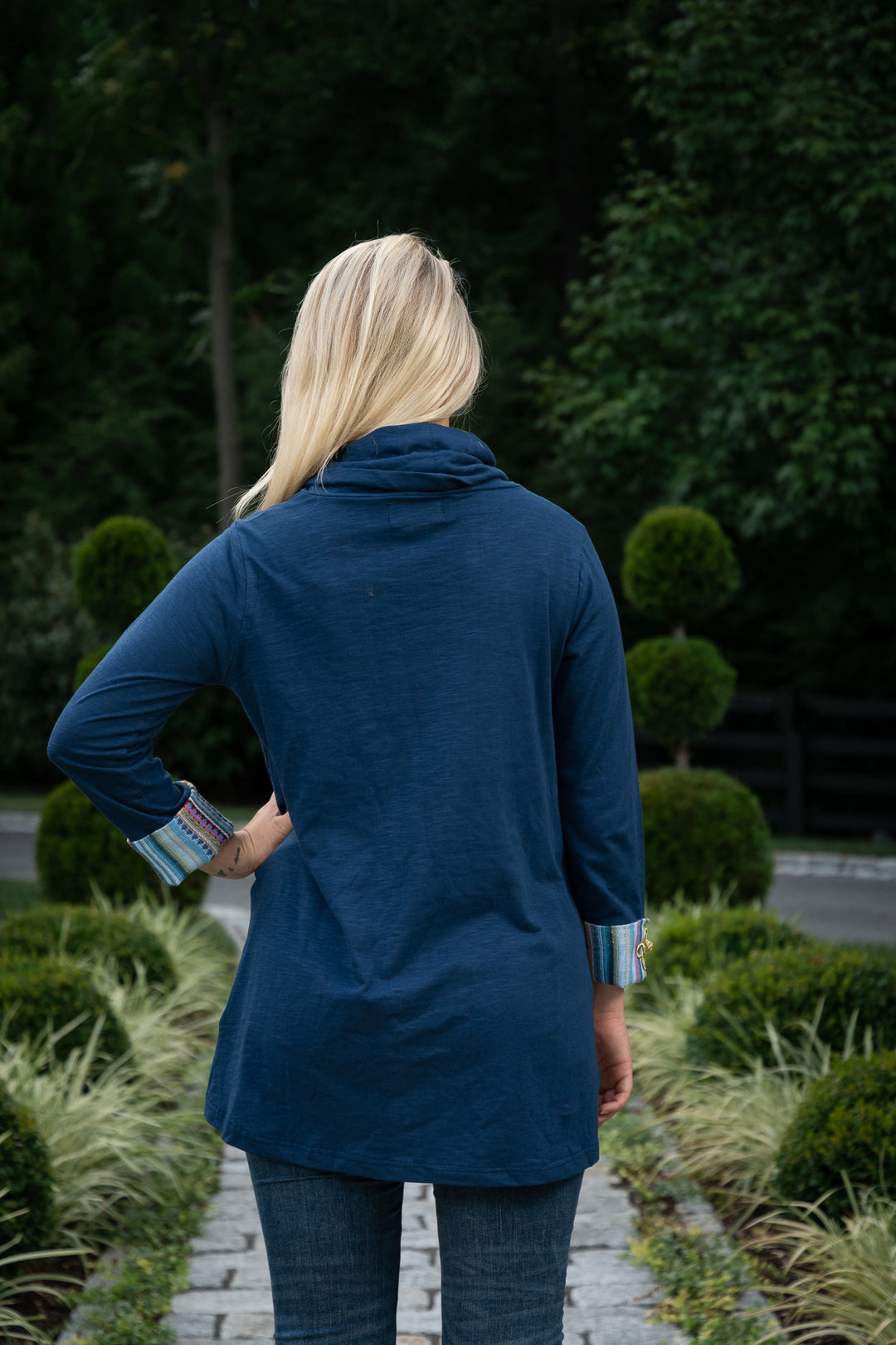 The Elsie Cotton Knit Cowl Neck With Braided Frog Detail — view 2