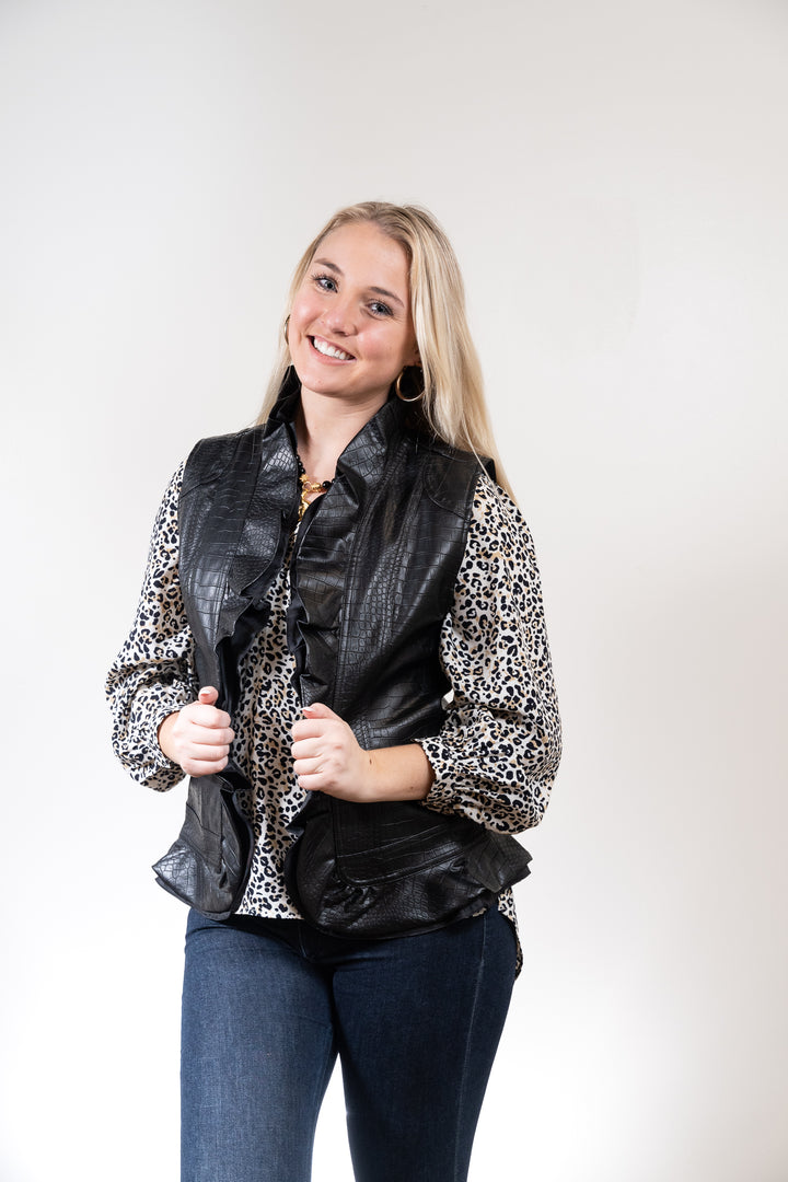 The Miller Textured Ruffle Vest in Black — view 3