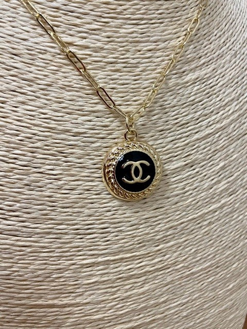 Paperclip Chain Repurposed Designer Button Necklace — view 5