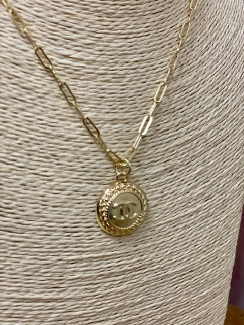 Paperclip Chain Repurposed Designer Button Necklace — view 2