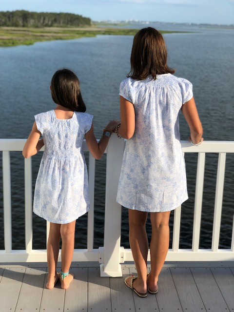 The Cloey Smocked Dress in Blue and White Palm Print — view 2