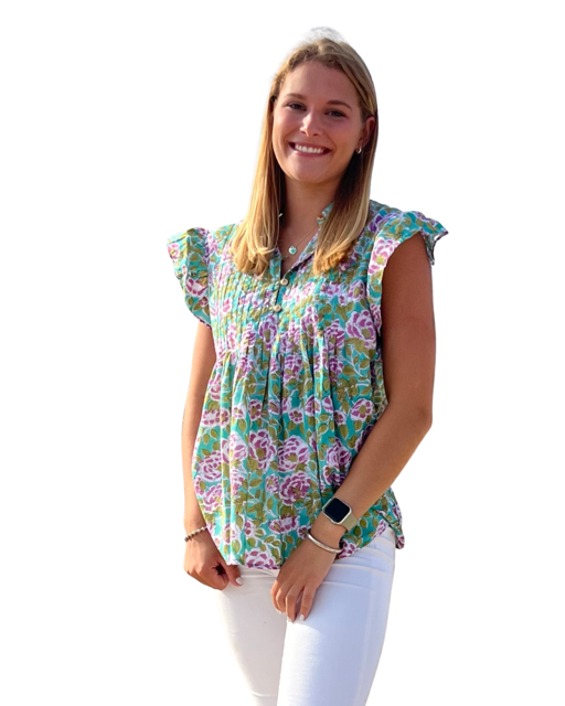 The Ava Button Front Pintuck Cotton Top in Emerald Handblock