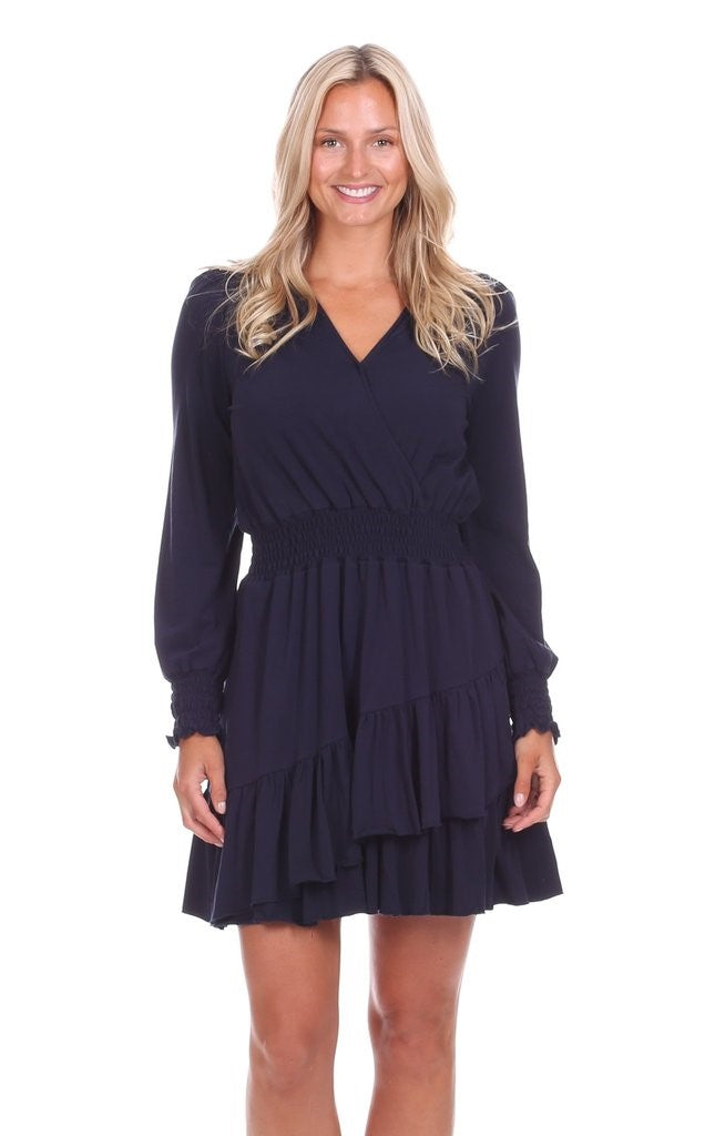 The Evelyn Knit Smocking Dress in Navy — view 3