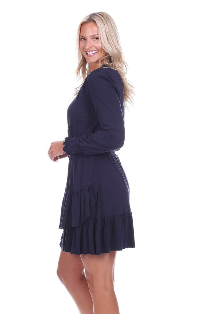 The Evelyn Knit Smocking Dress in Navy — view 4
