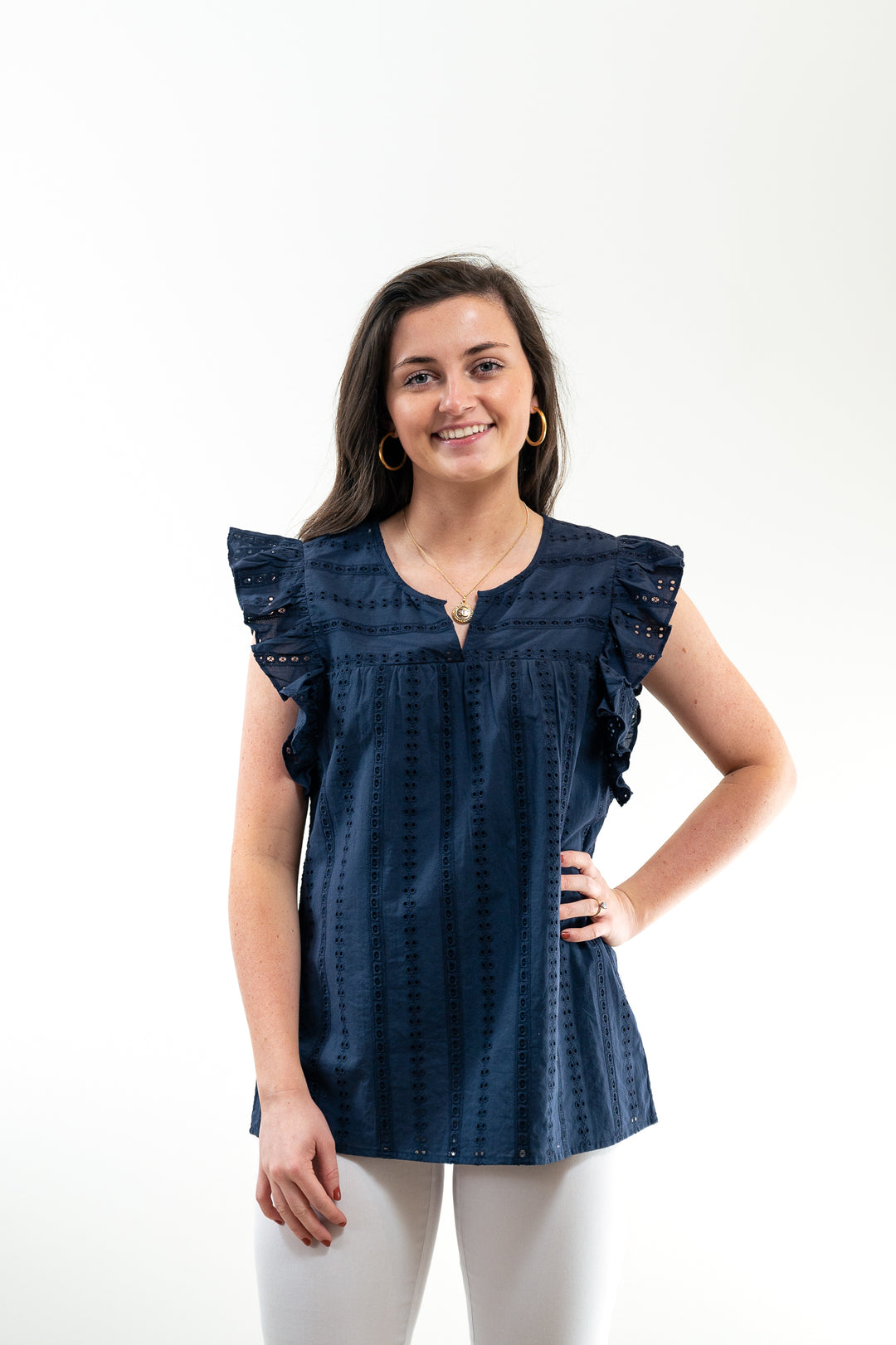 The Whitley Eyelet Flutter Sleeve Top in Navy