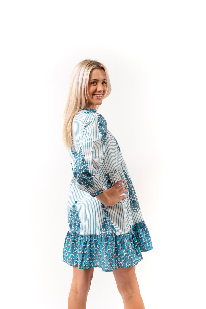 The Cotton Block Print Louisa Dress in Teal