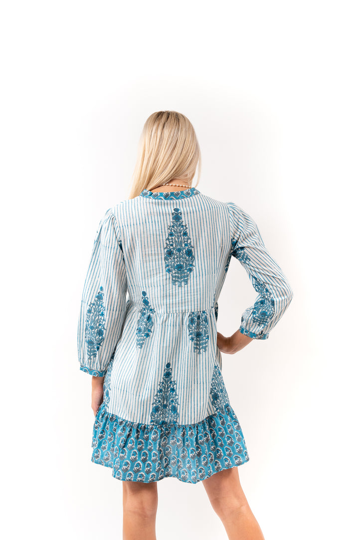 The Cotton Block Print Louisa Dress in Teal — view 3