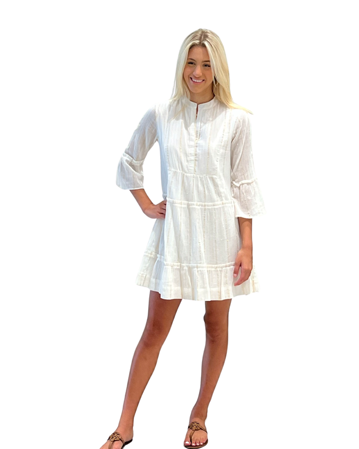 The Makayla White and Gold Cotton Gauze Tiered Dress — view 2