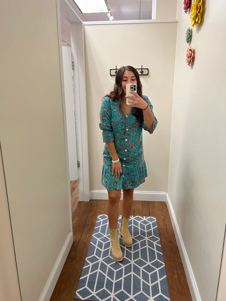 The Helena Jade Floral Cotton Button Front Smocking Detail Dress — view 6