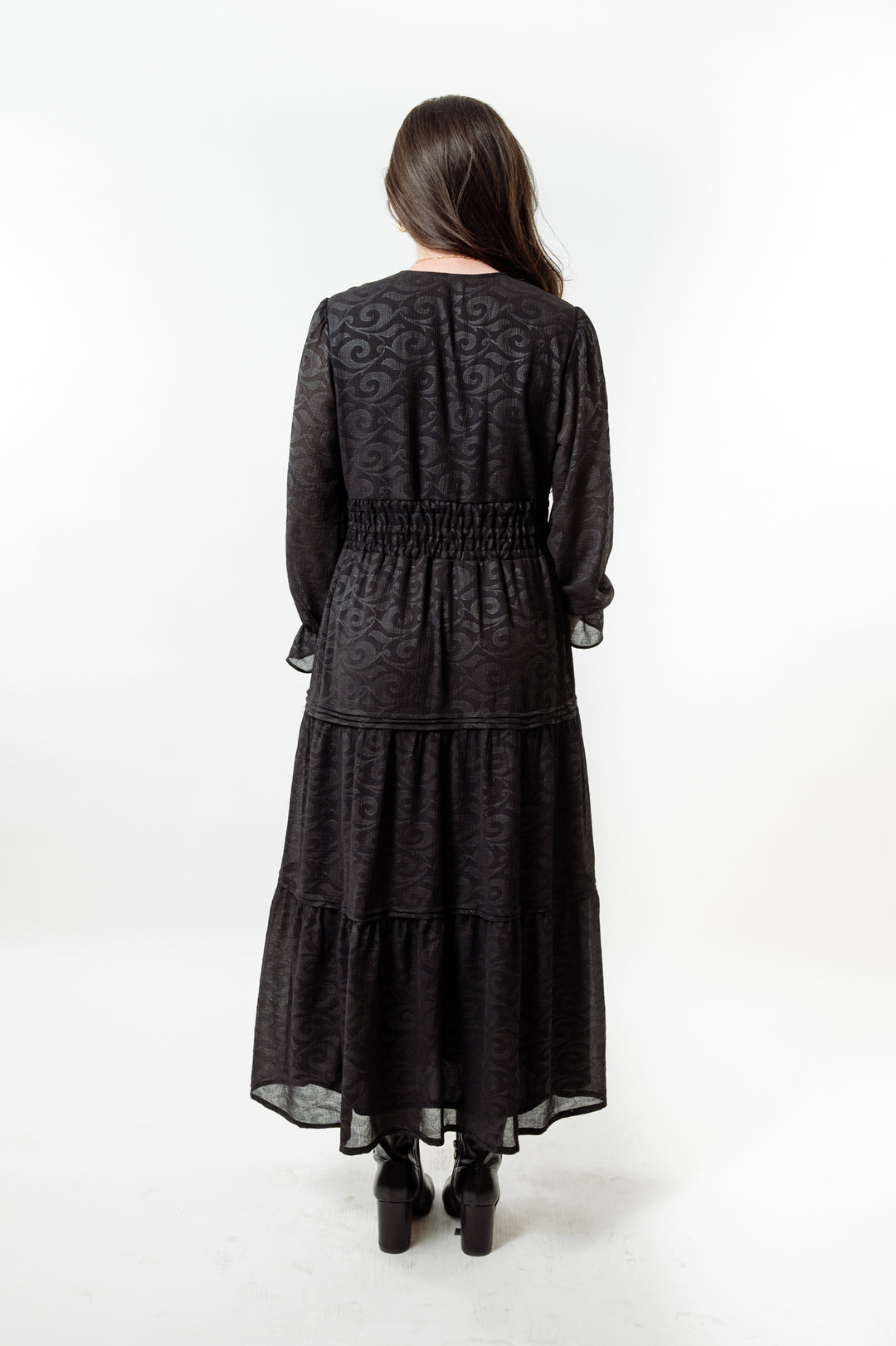 The Long Length Sydney Dress in Midnight Black Scroll — view 8