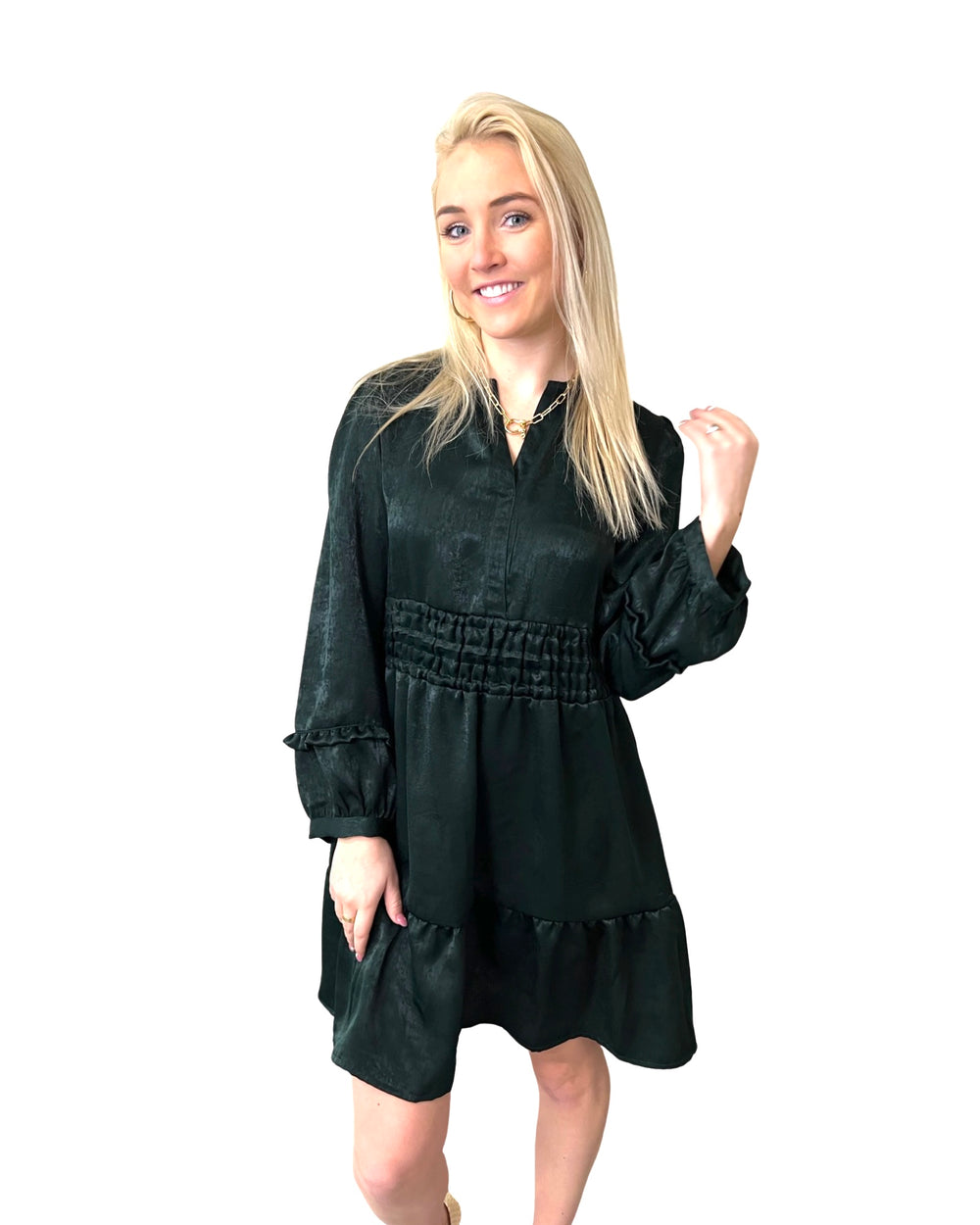 The Sydney Short Length Dress is Dark Green Sateen — view 2
