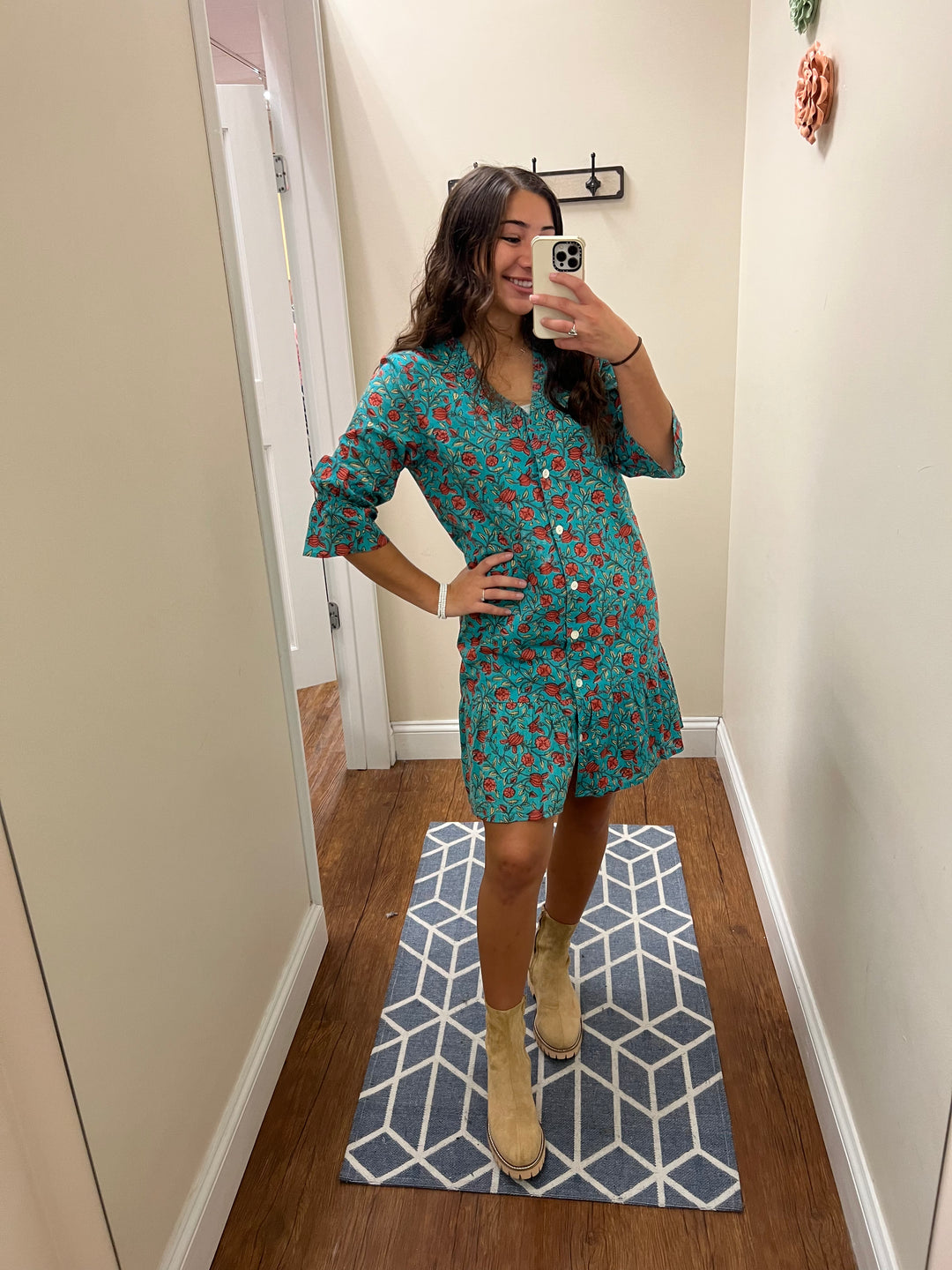 The Helena Jade Floral Cotton Button Front Smocking Detail Dress — view 7
