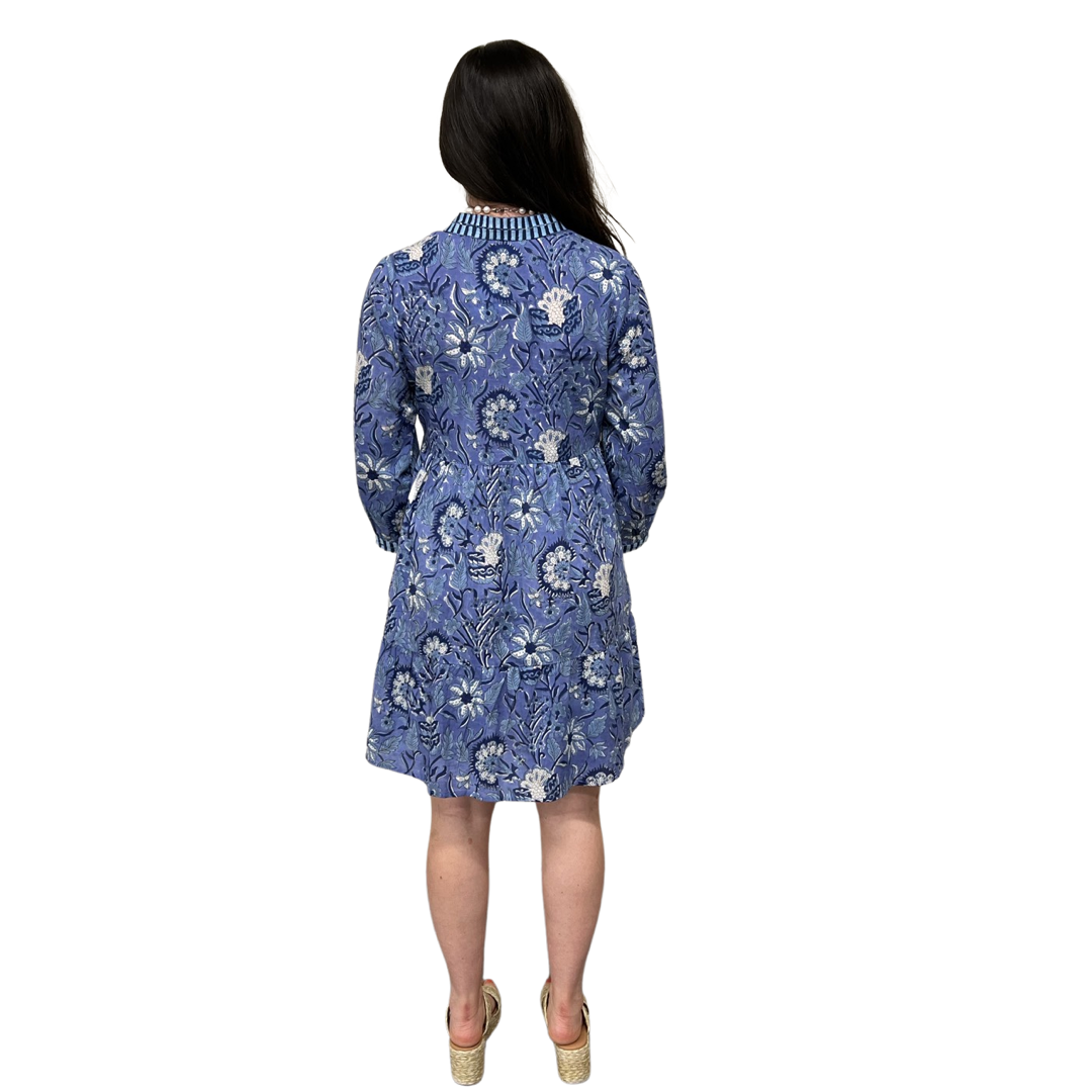 The Naomi Cotton Block Print Dress in Navy Floral — view 4
