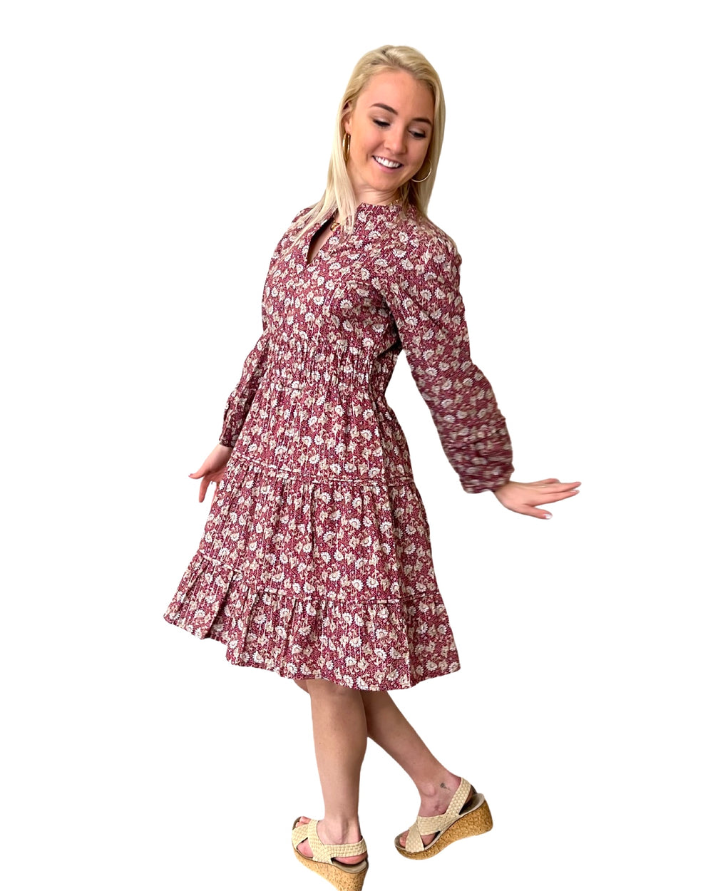 The Sydney Short Length Cinch Waist Dress in Cranberry Lurex Floral — view 2