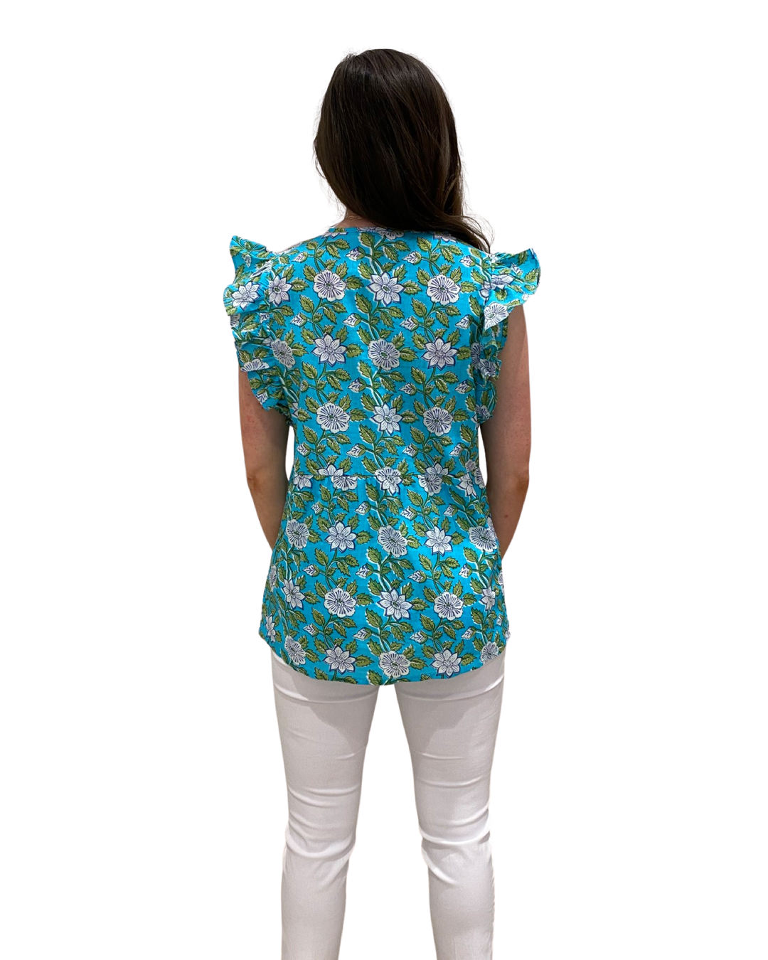 The Whitley Cotton Block Print Flutter Sleeve Top in Turquoise — view 4