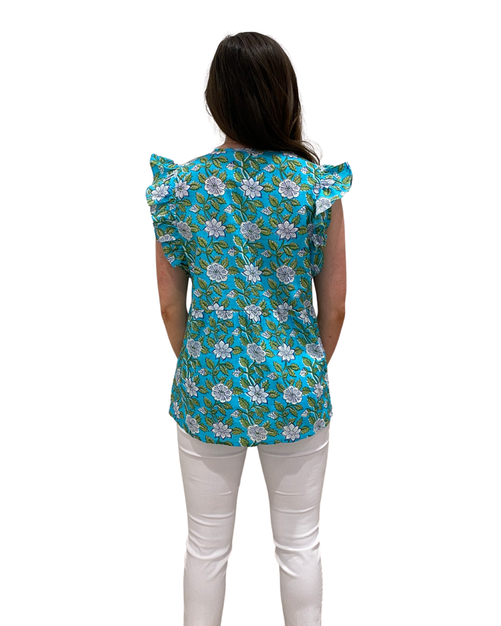 The Whitley Cotton Block Print Flutter Sleeve Top in Turquoise — view 4