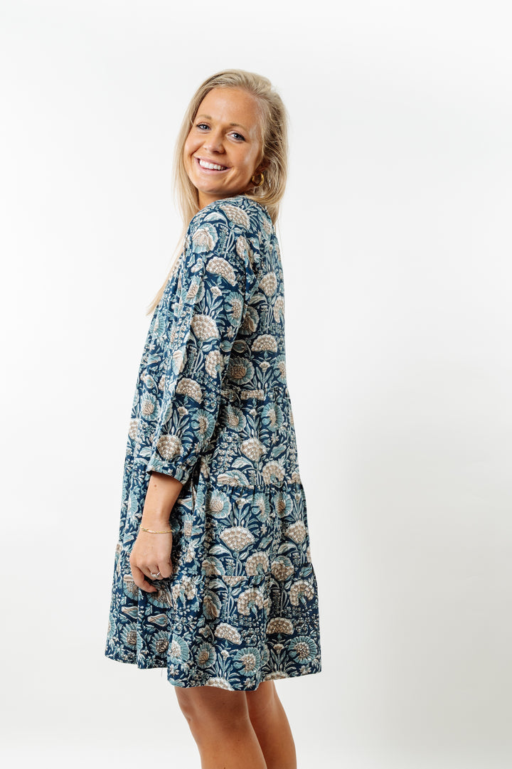 The Dahlia 3/4 Sleeve Block Print Cotton Dress in Navy and Beige Floral — view 5