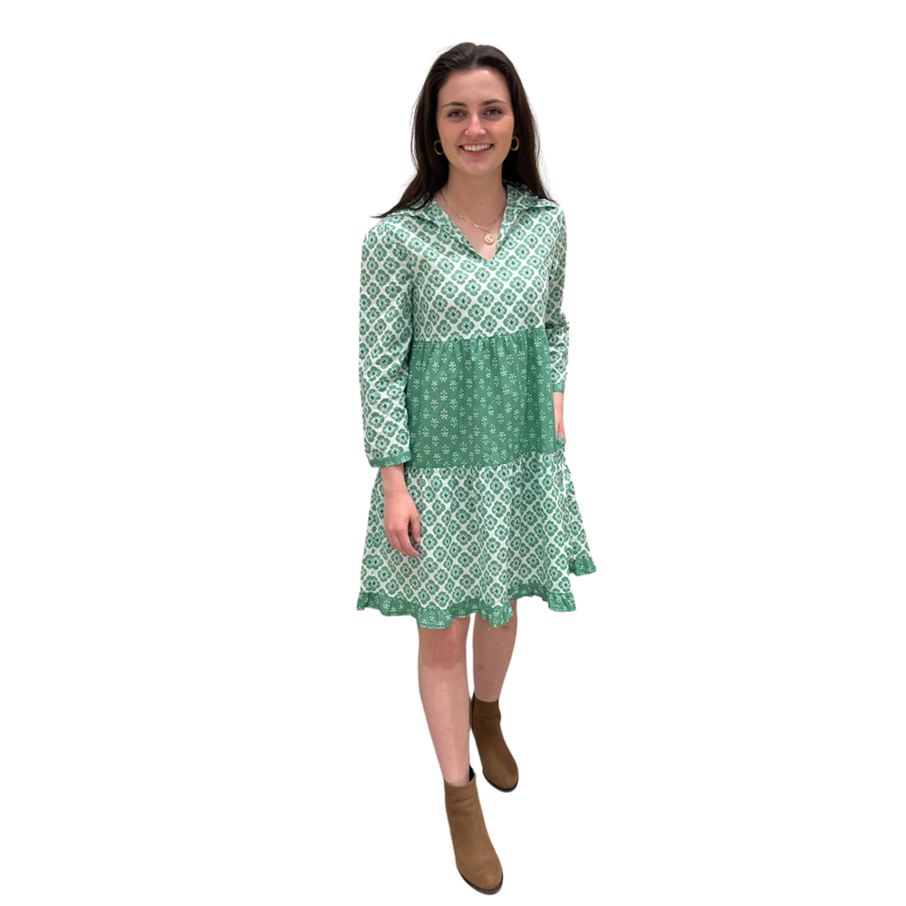 The Cali Cotton Block Print Dress in Jade Green and White — view 2