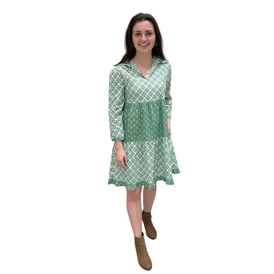 The Cali Cotton Block Print Dress in Jade Green and White — view 2