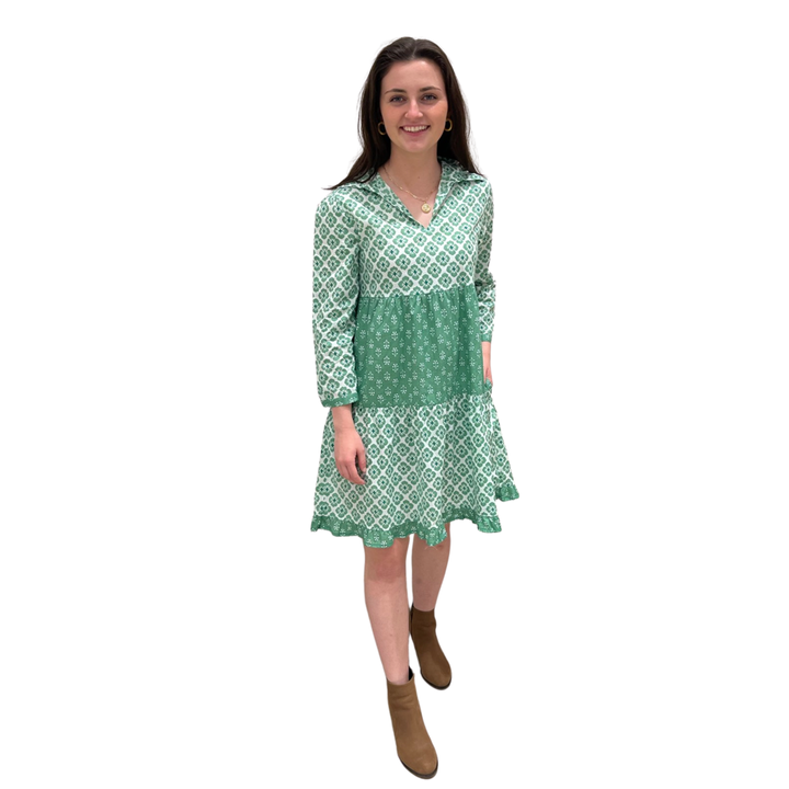 The Cali Cotton Block Print Dress in Jade Green and White — view 2