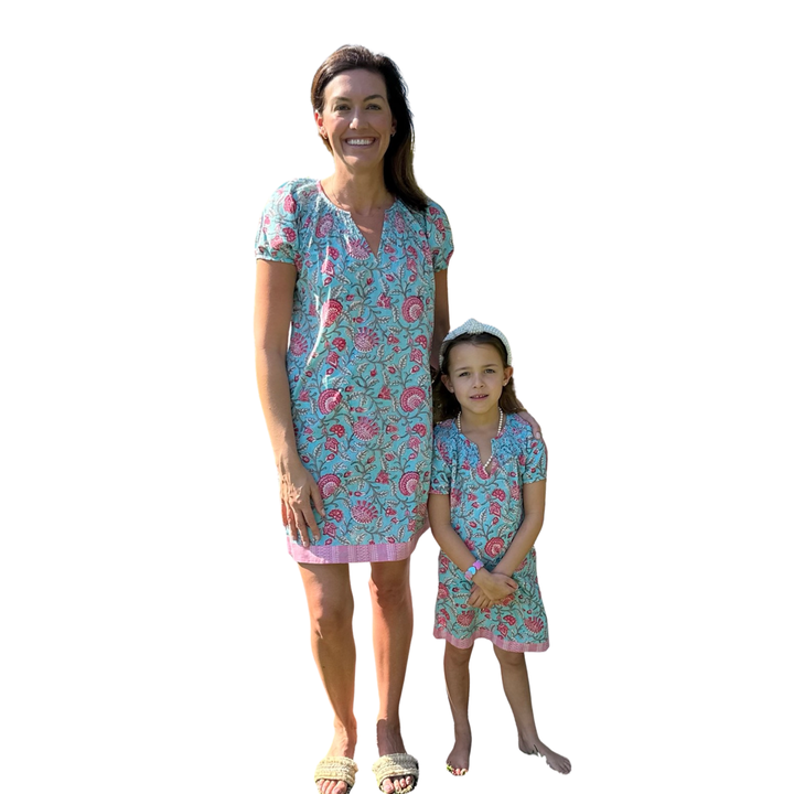 The Michelle Dress for Girls in Turquoise and Pink Block Print Cotton — view 2