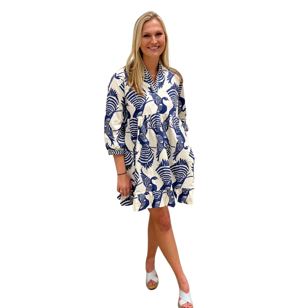 The Morley Bird Print Dress in Navy Blue — view 2