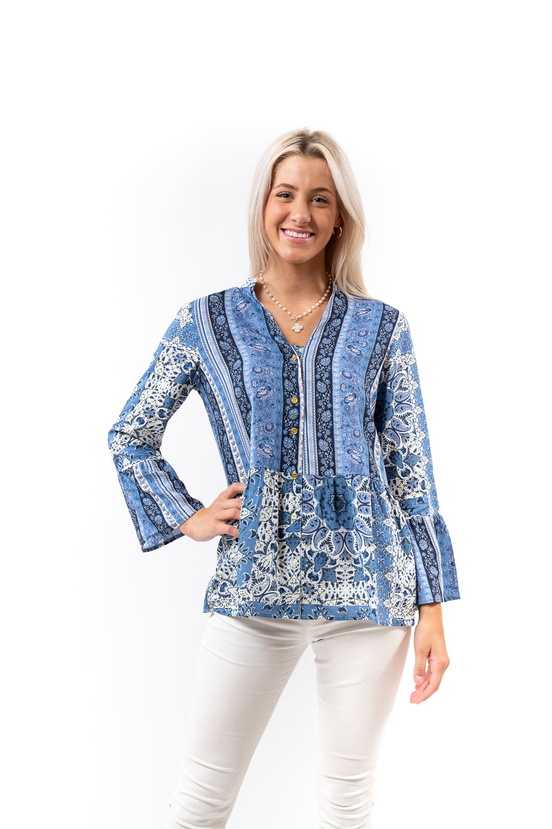 The Emma Button Front Tunic in Navy and White
