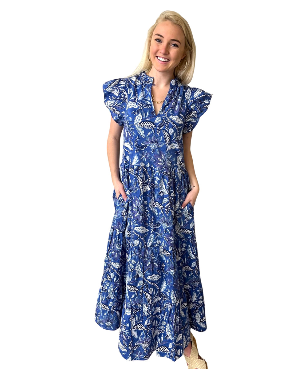 The Long Length Tinley Block Print Dress in Brilliant Blue Floral ...