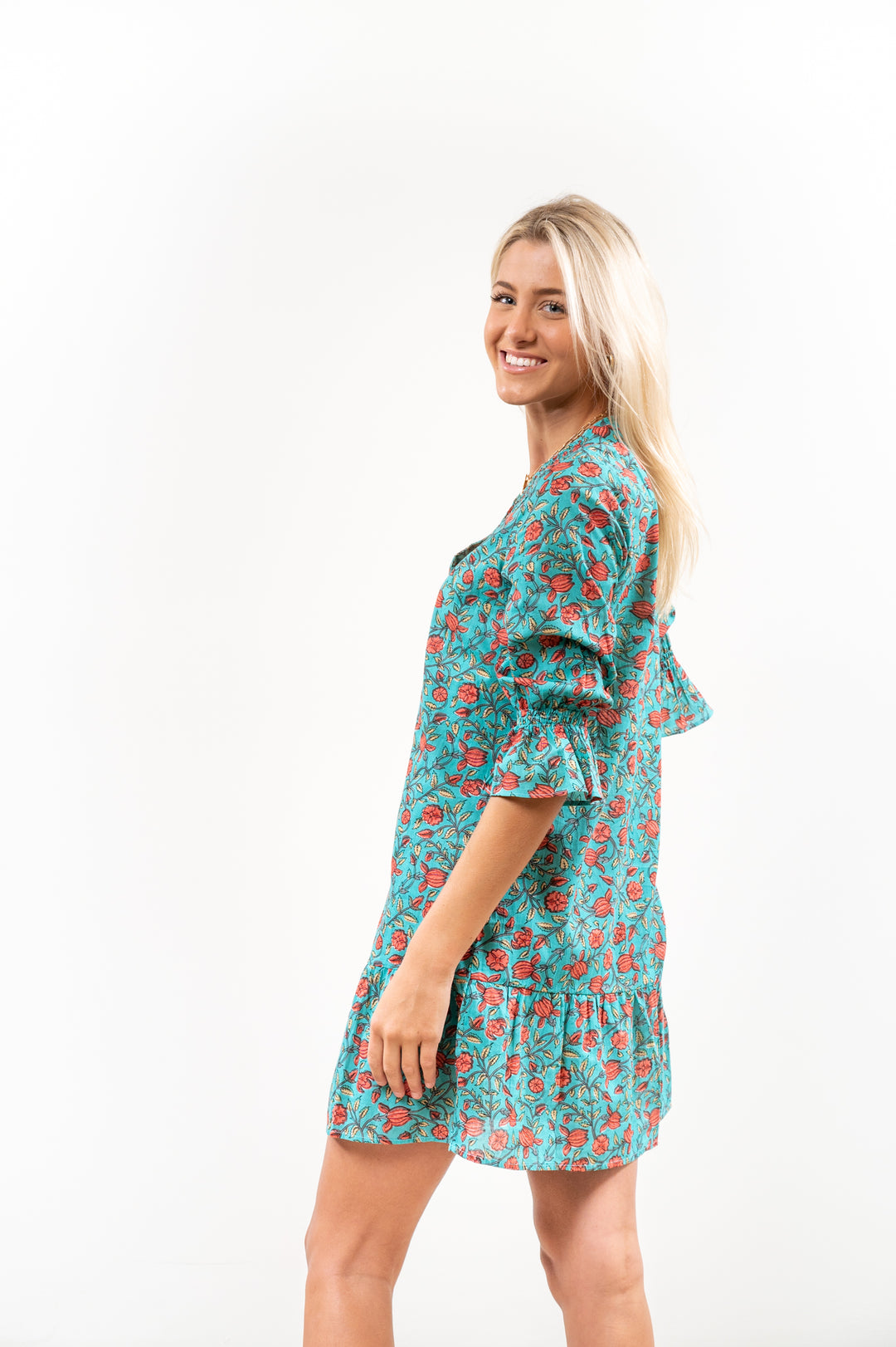 The Helena Jade Floral Cotton Button Front Smocking Detail Dress — view 4